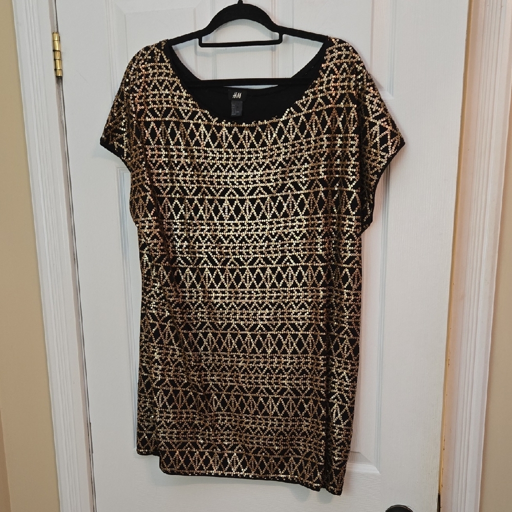 H&M Black and Gold Sequins In Geometric Pattern Mini Dress